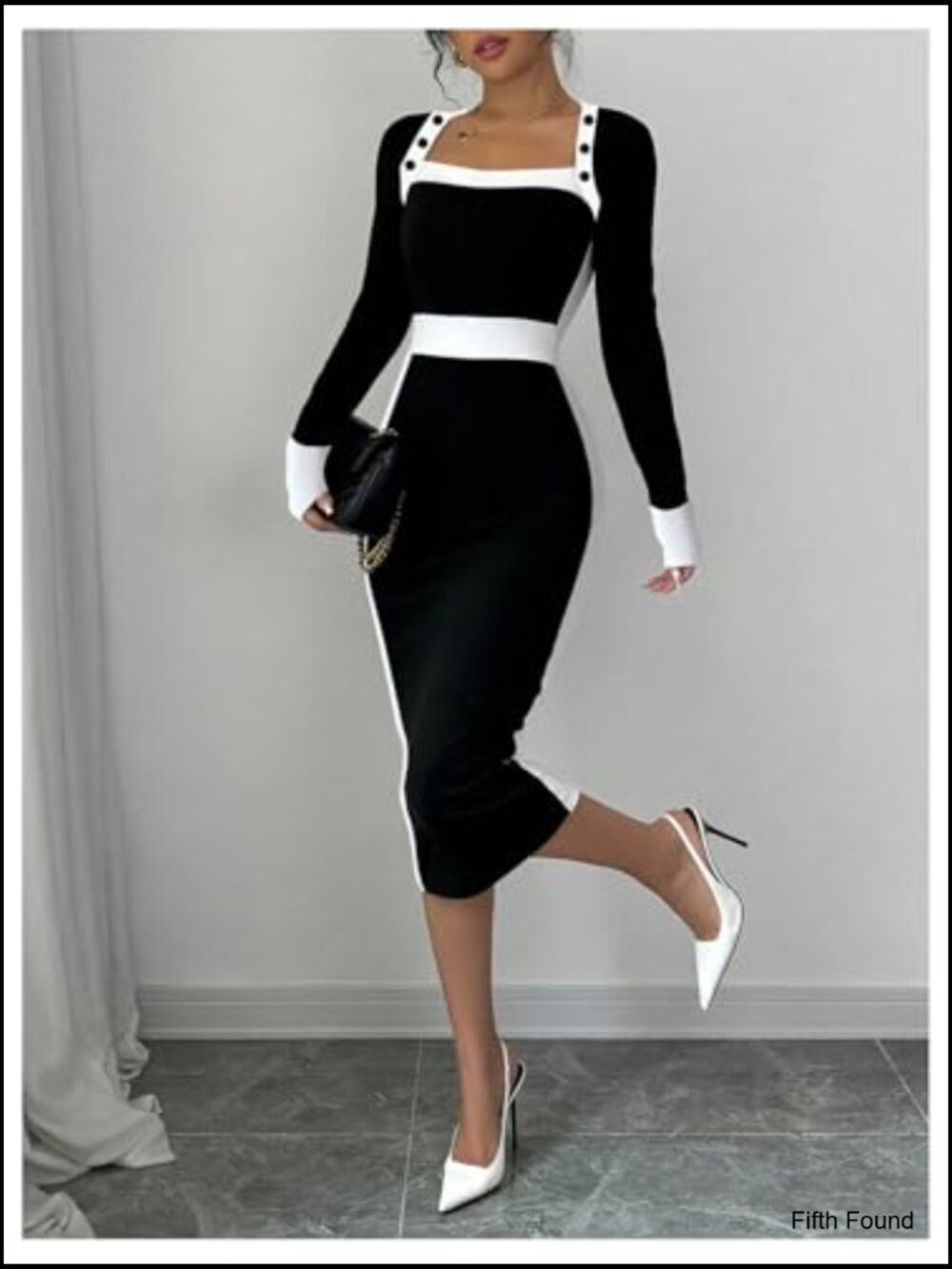 Long sleeve square neck bodycon midi dress - Picture 4 of 7